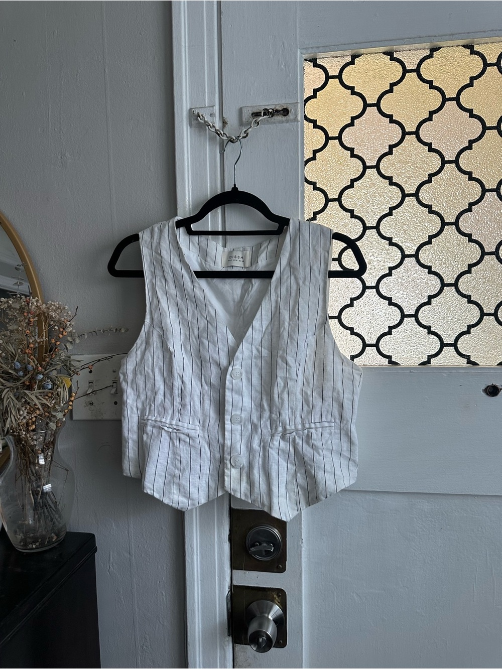 DISSH White Pinstripe Linen Vest Bodysuit